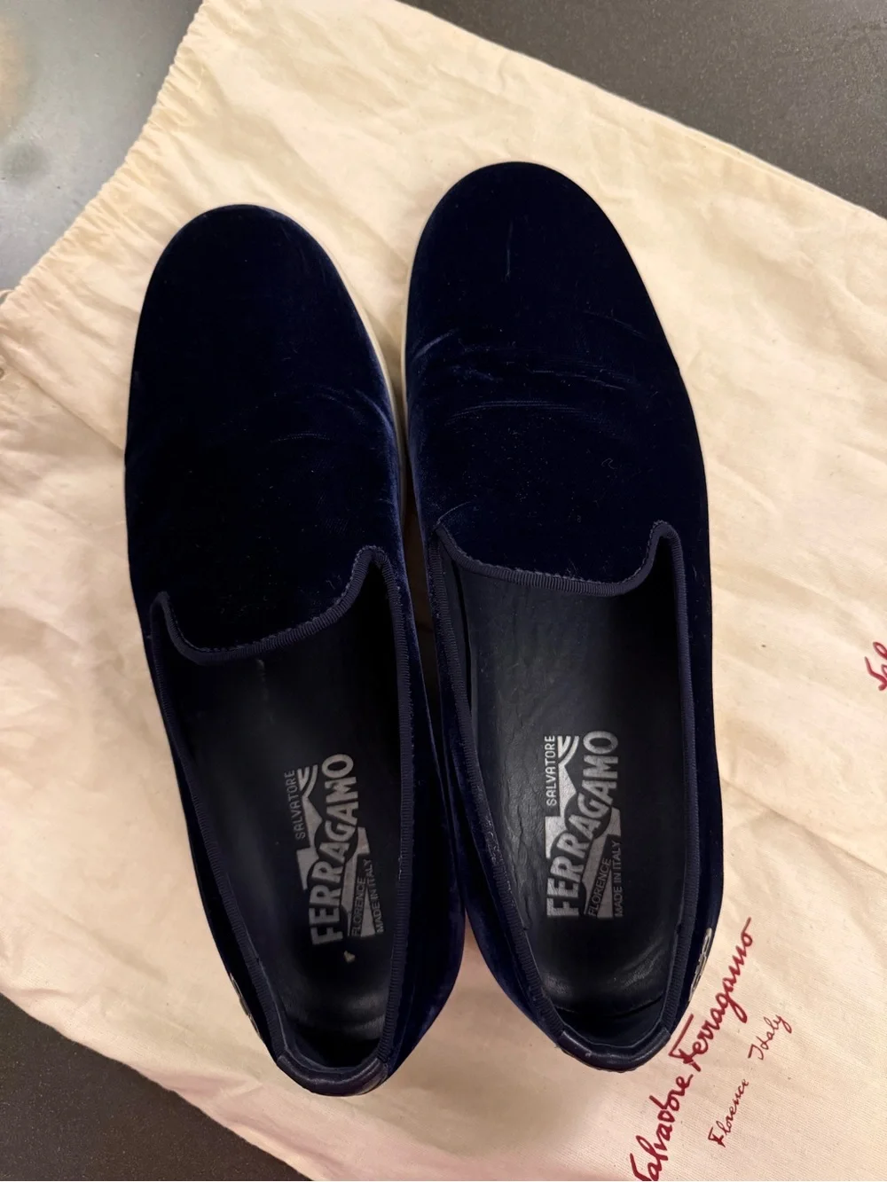 Salvatore Ferragamo Navy Velvet Slip-On Loafers with White Sole